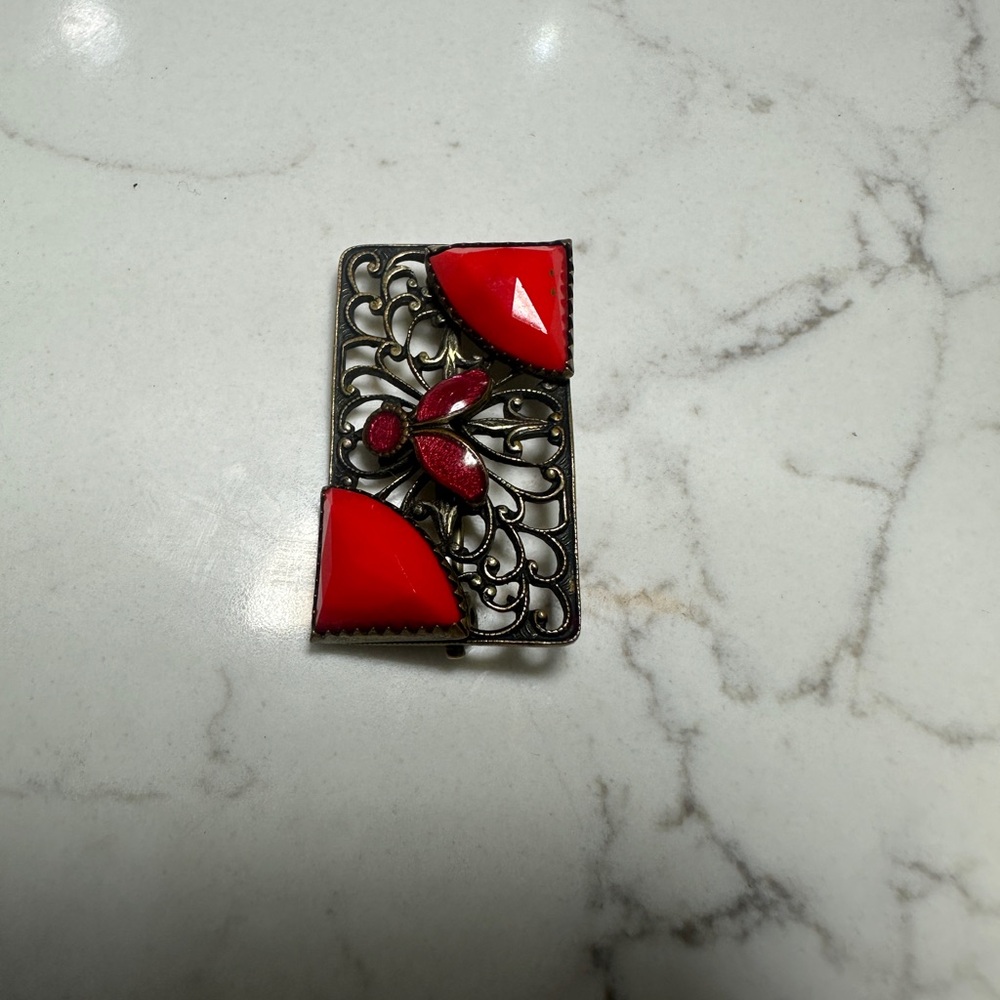 Vintage Rectangular Filigree Brooch with Red Glass Stones – Butterfly Motif